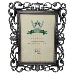 Vintage Ornate Pewter Tone Scroll Photo Frame Heavy Metal Holds 5x7